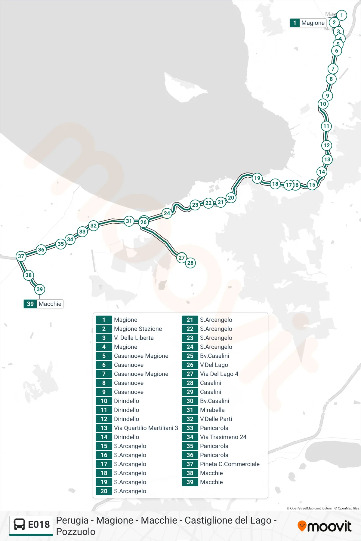 E018 bus Line (Magione→Macchie) route and stops on a map