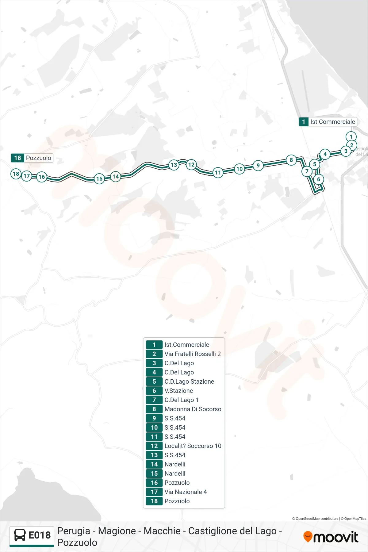 Linea E018 bus (Ist.Commerciale→Pozzuolo) - Percorsi e fermate sulla mappa
