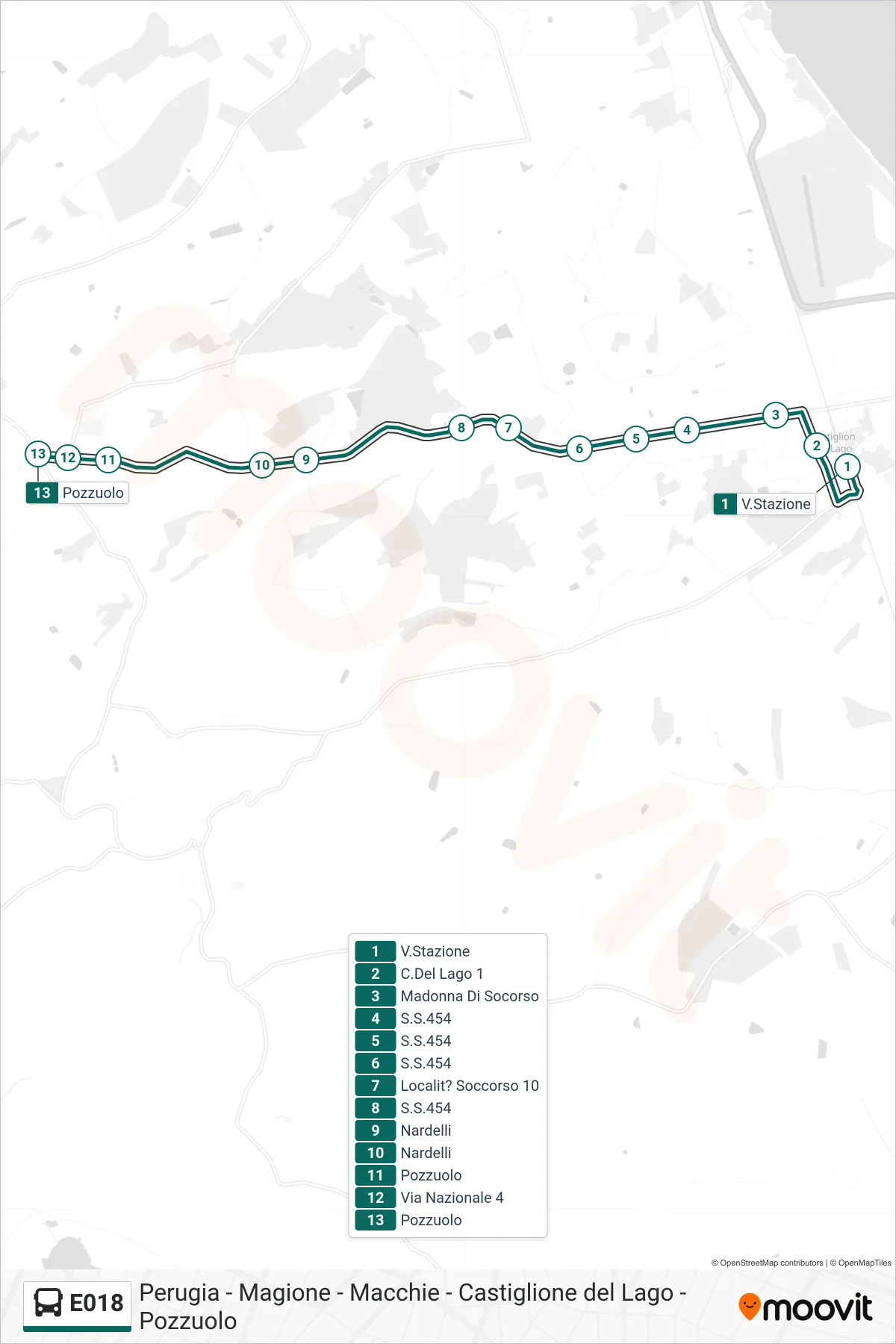 E018 bus Line (Station Street→Pozzuolo) route and stops on a map