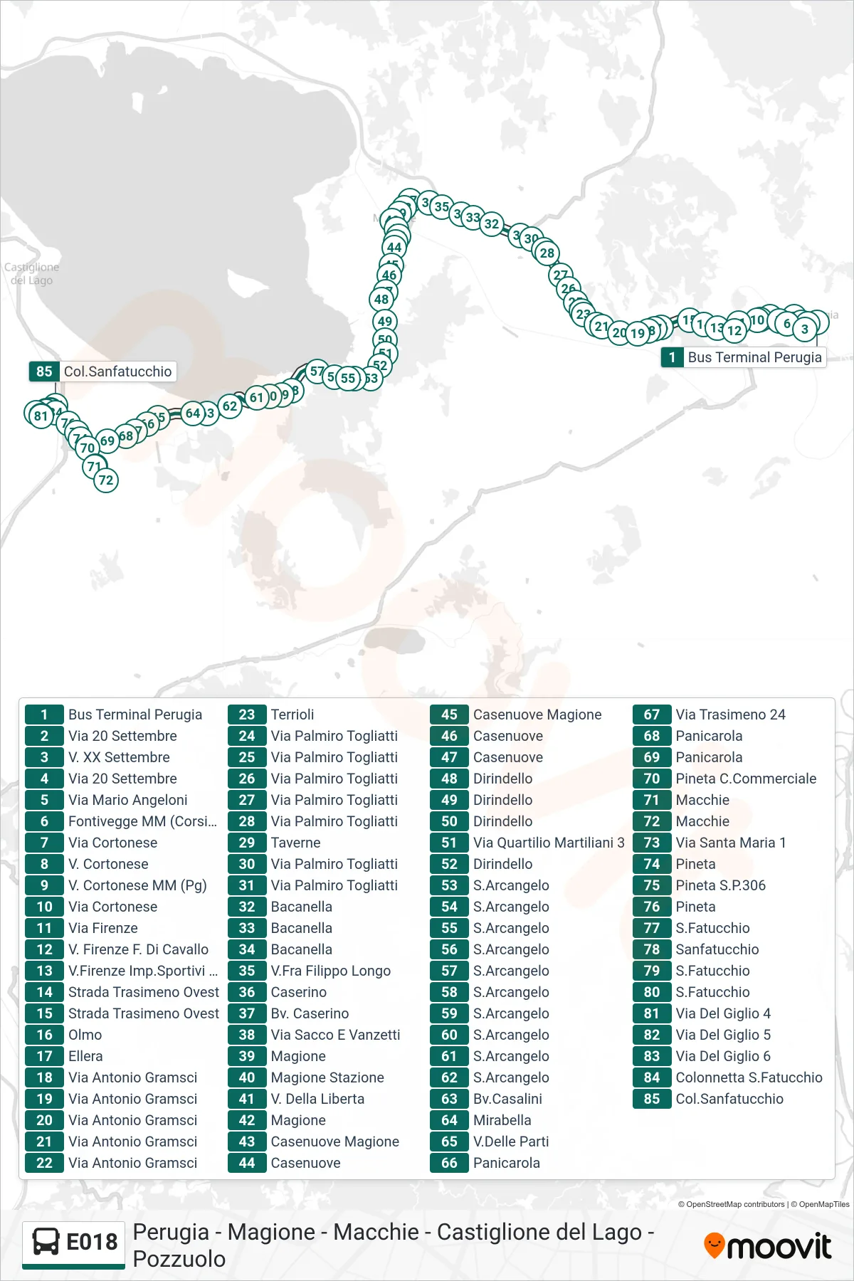 Linea E018  bus (Bus Terminal Perugia‎→Col.Sanfatucchio) - Percorsi e fermate sulla mappa