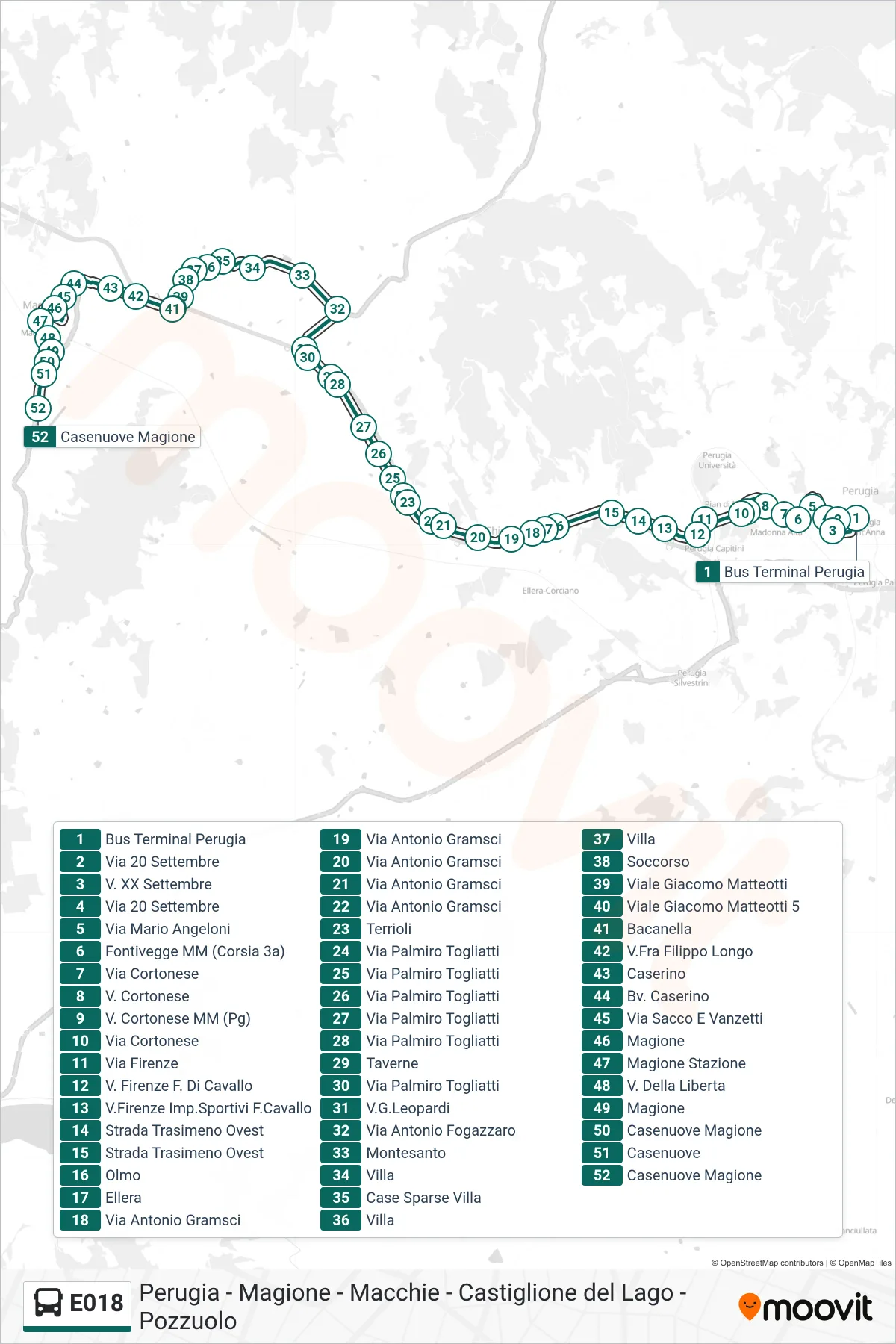 E018 bus Line (Perugia Bus Terminal→Casenuove Magione) route and stops on a map