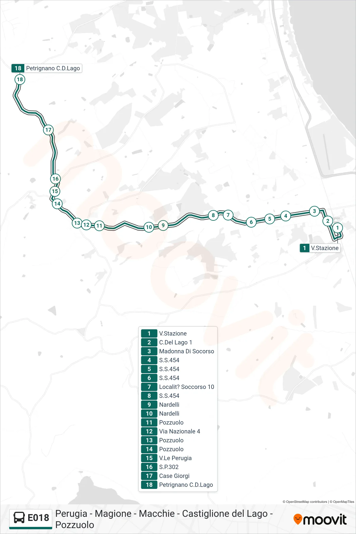 E018 bus Line (Station Street→Petrignano Castiglione del Lago) route and stops on a map
