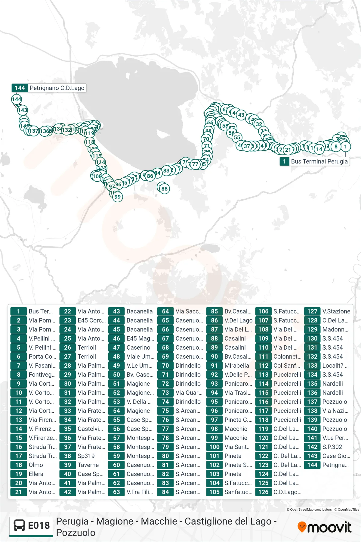 Linea E018 bus (Bus Terminal Perugia→Petrignano C.D.Lago) - Percorsi e fermate sulla mappa