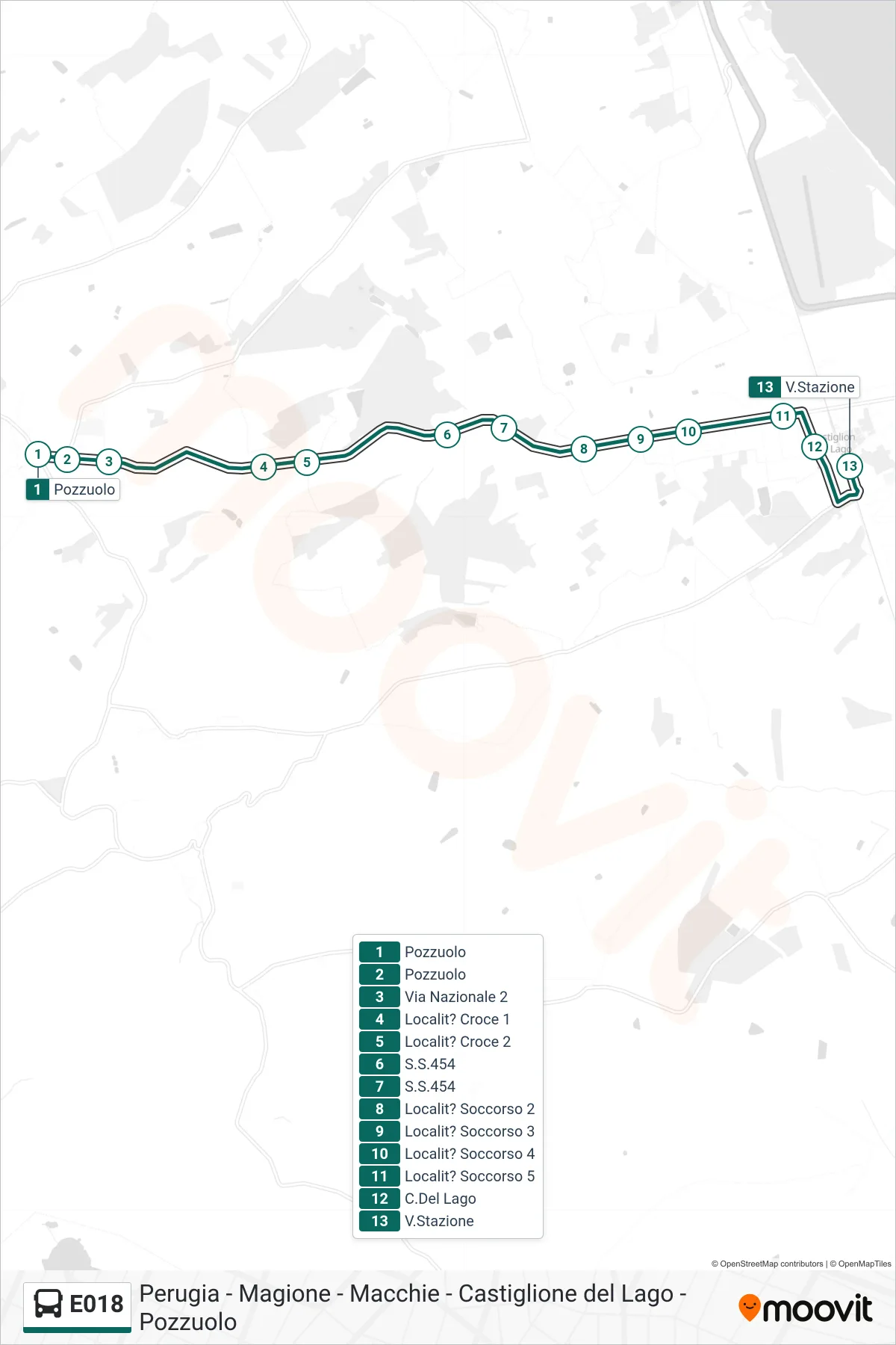 E018 bus Line (Pozzuolo→Station Street) route and stops on a map
