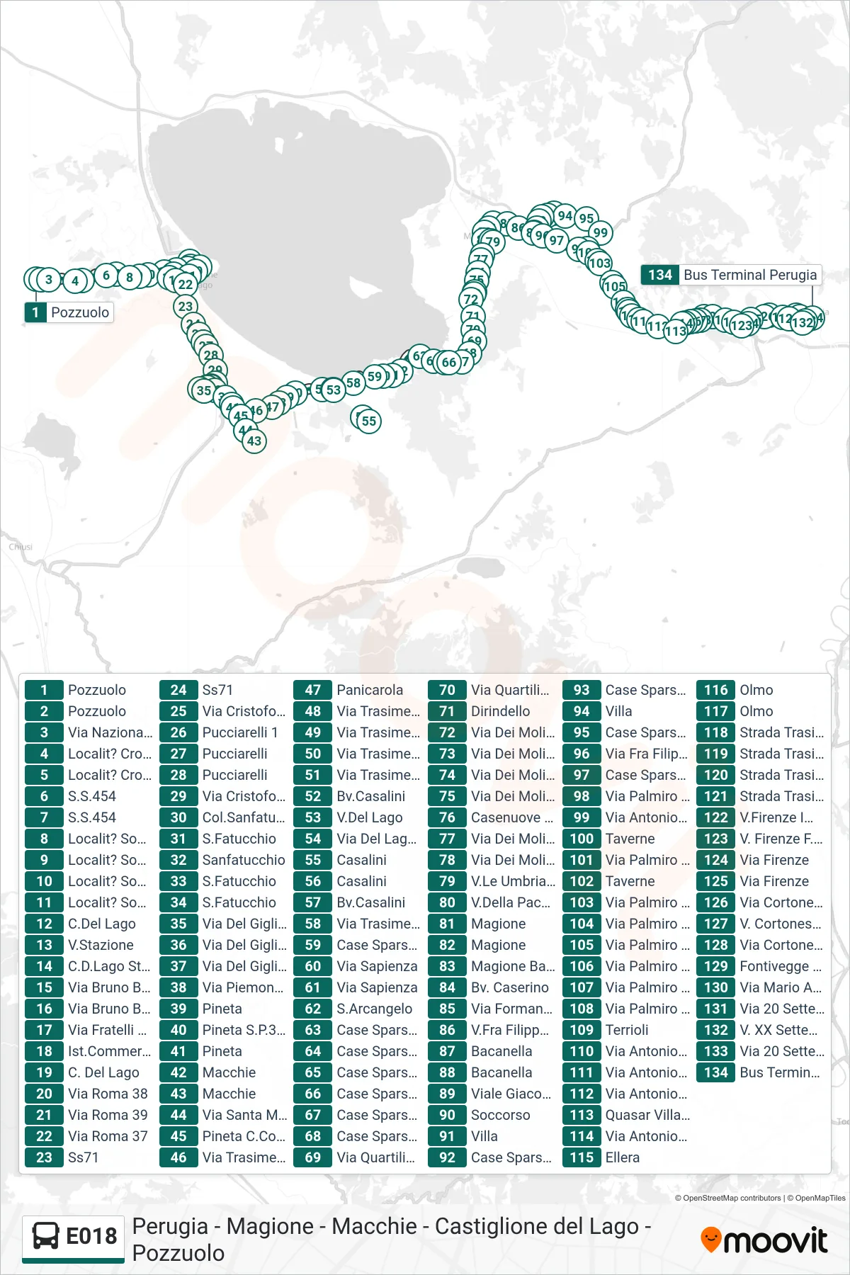 Linea E018  bus (Pozzuolo‎→Bus Terminal Perugia) - Percorsi e fermate sulla mappa