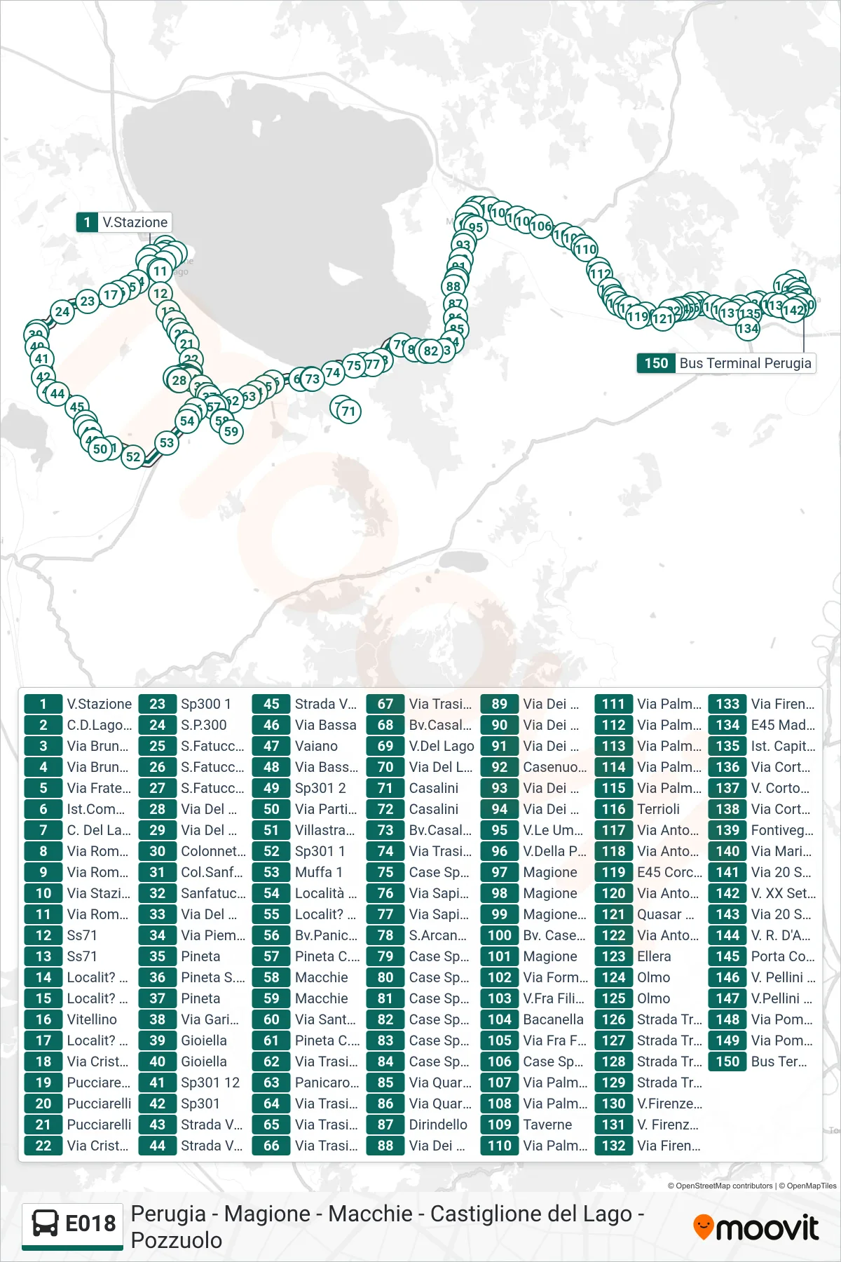 Linea E018  bus (V.Stazione‎→Bus Terminal Perugia) - Percorsi e fermate sulla mappa