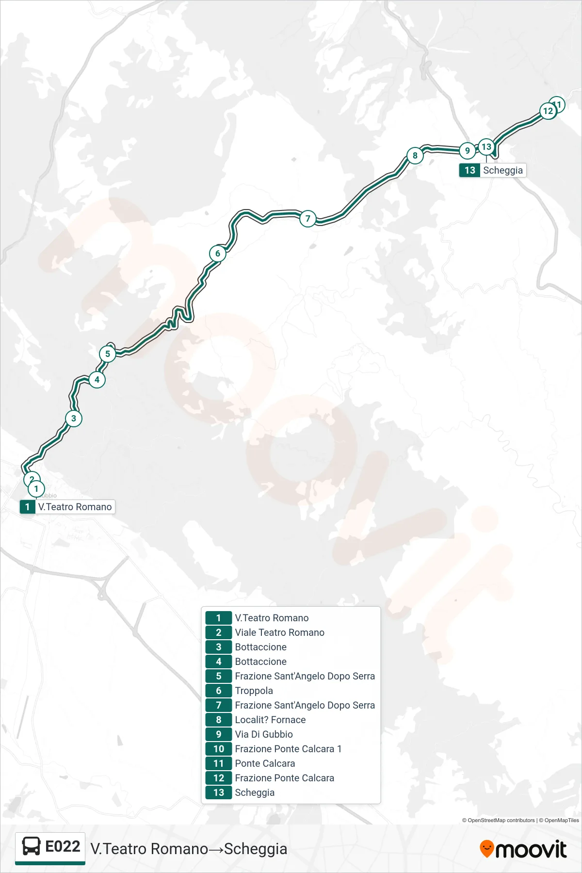 Linea E022  bus (V.Teatro Romano‎→Scheggia) - Percorsi e fermate sulla mappa