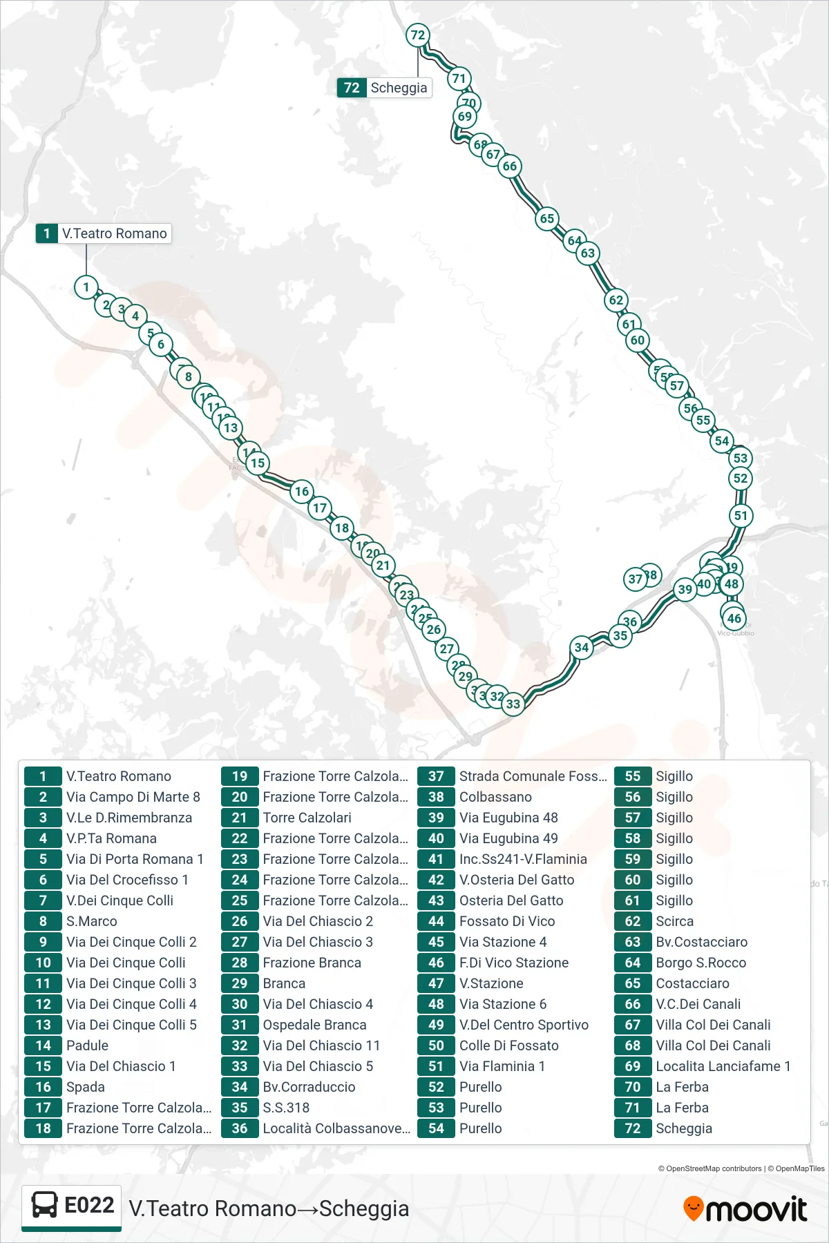 Linea E022  bus (V.Teatro Romano‎→Scheggia) - Percorsi e fermate sulla mappa