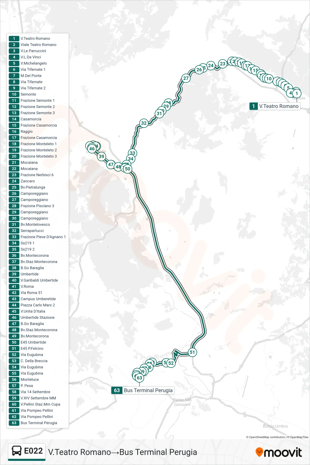 Linea E022  bus (V.Teatro Romano‎→Bus Terminal Perugia) - Percorsi e fermate sulla mappa