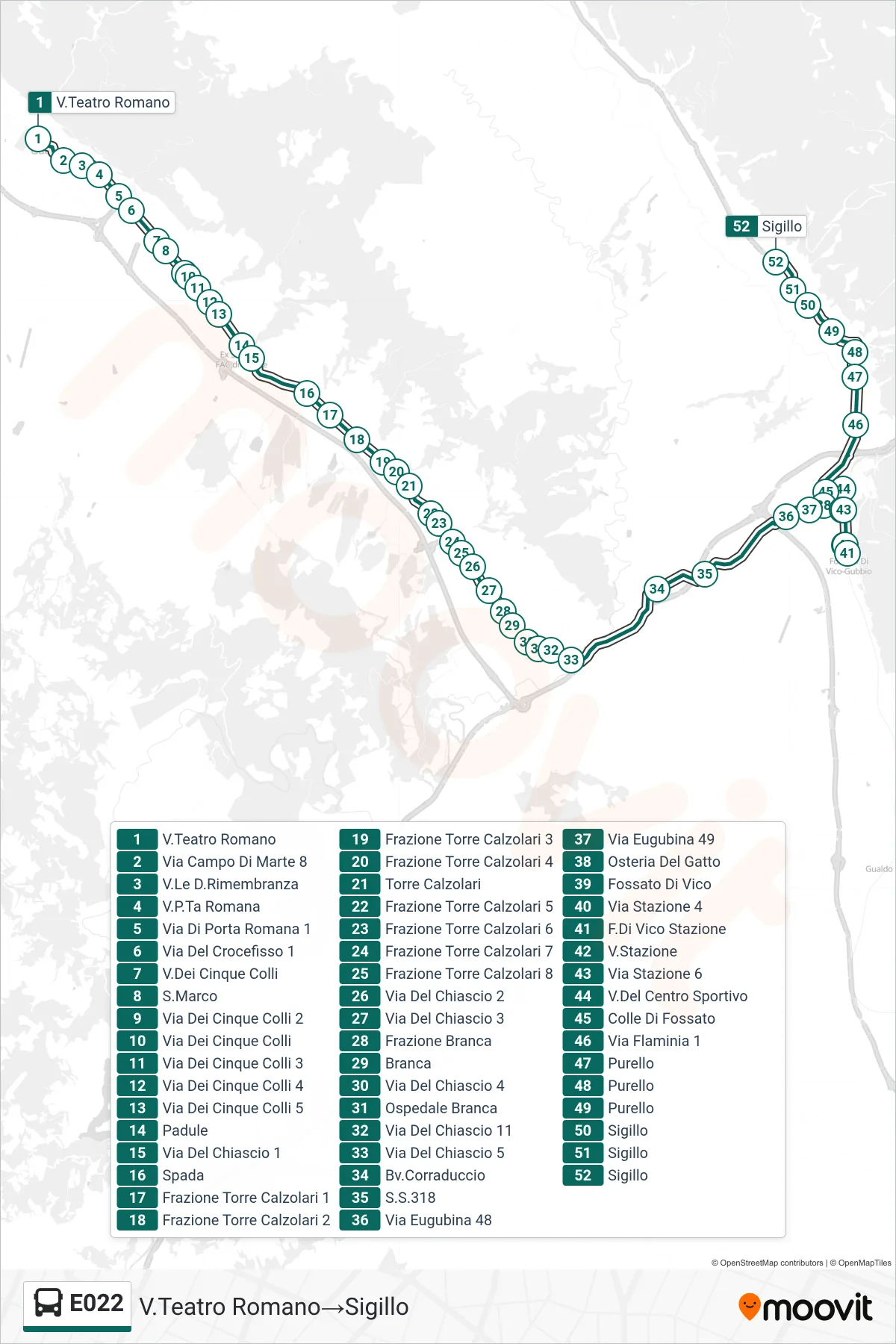 Linea E022  bus (V.Teatro Romano‎→Sigillo) - Percorsi e fermate sulla mappa
