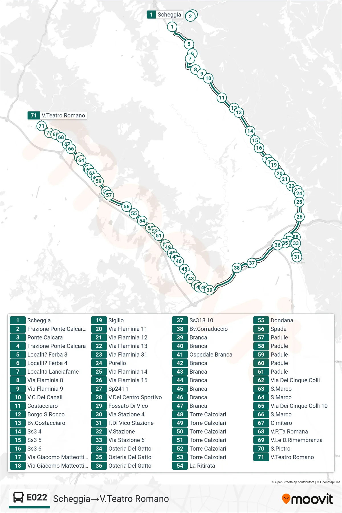 Linea E022  bus (Scheggia‎→V.Teatro Romano) - Percorsi e fermate sulla mappa