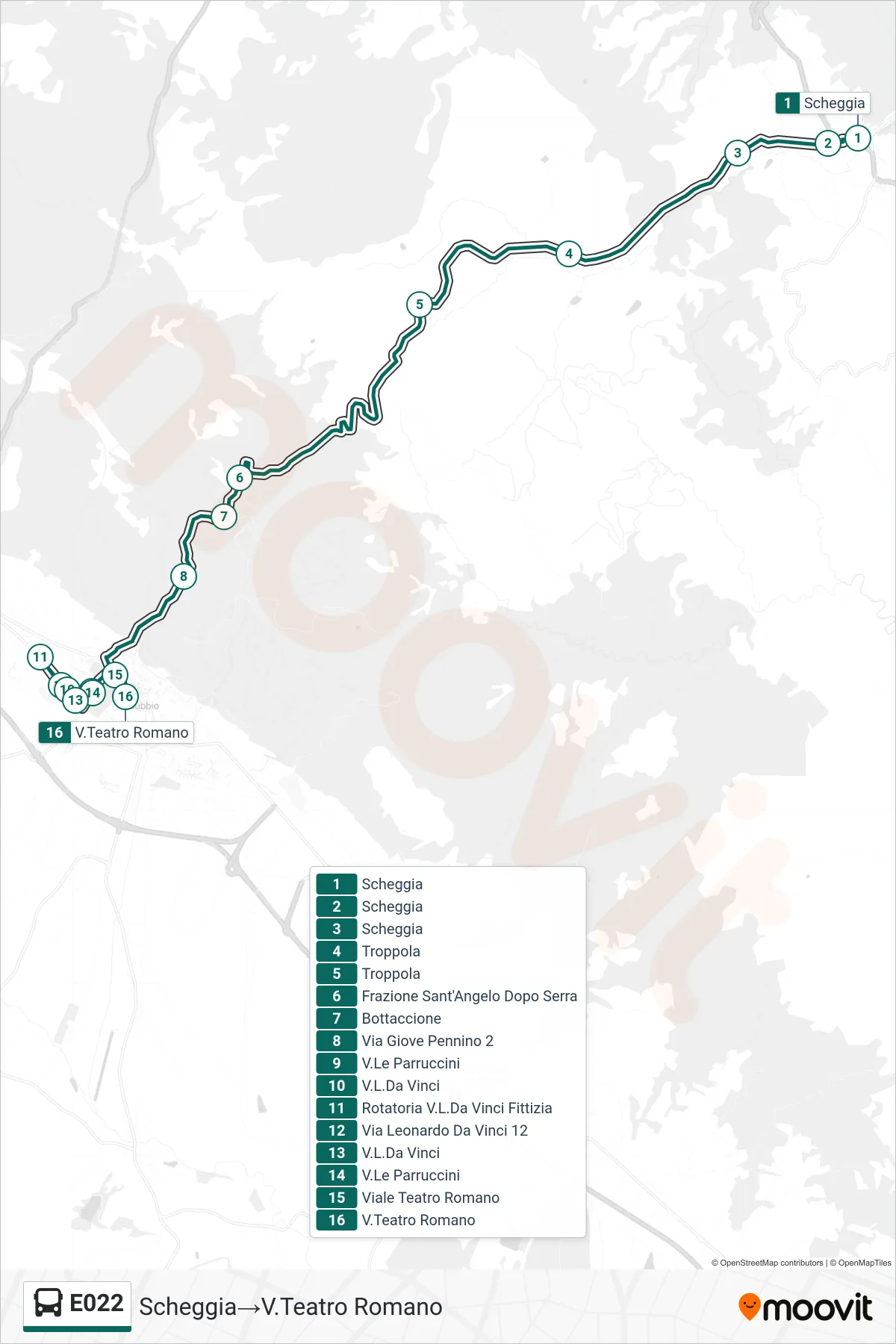 Linea E022  bus (Scheggia‎→V.Teatro Romano) - Percorsi e fermate sulla mappa