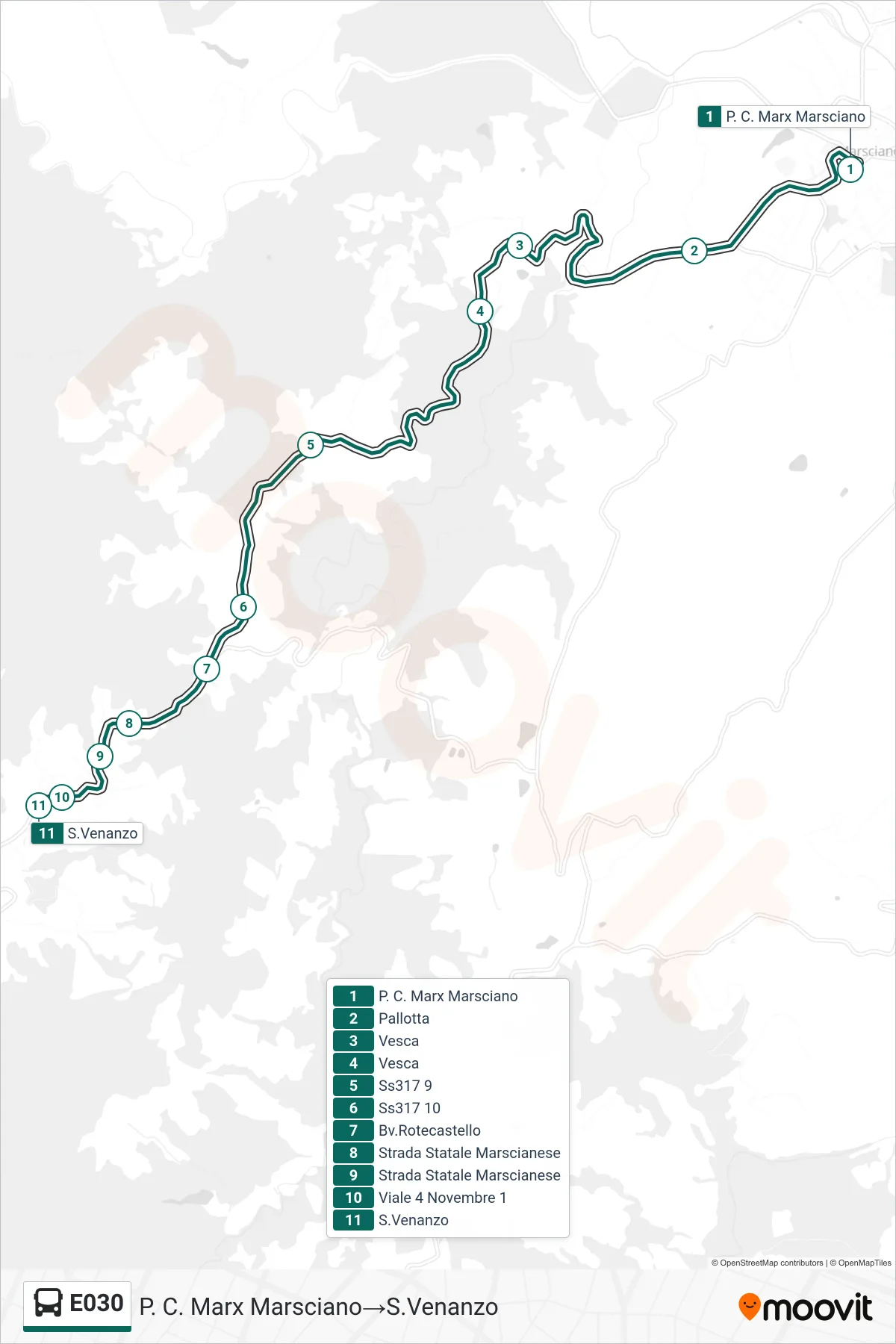 Linea E030 bus (P. C. Marx Marsciano→S.Venanzo) - Percorsi e fermate sulla mappa