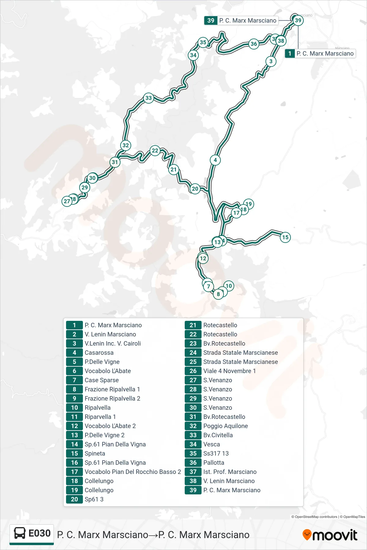 Linea E030 bus (P. C. Marx Marsciano→P. C. Marx Marsciano) - Percorsi e fermate sulla mappa
