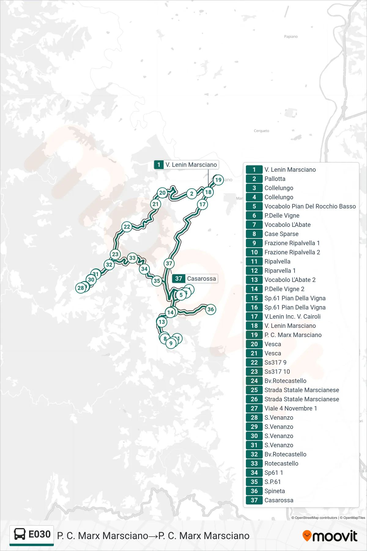 Linea E030 bus (P. C. Marx Marsciano→P. C. Marx Marsciano) - Percorsi e fermate sulla mappa