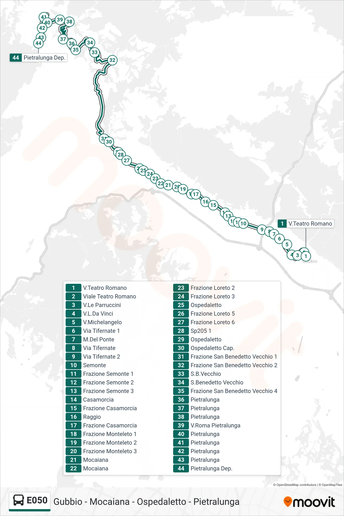 Linea E050  bus (V.Teatro Romano‎→Pietralunga Dep.) - Percorsi e fermate sulla mappa