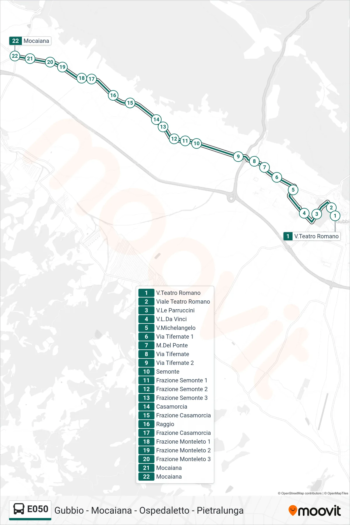 Linea E050  bus (V.Teatro Romano‎→Mocaiana) - Percorsi e fermate sulla mappa