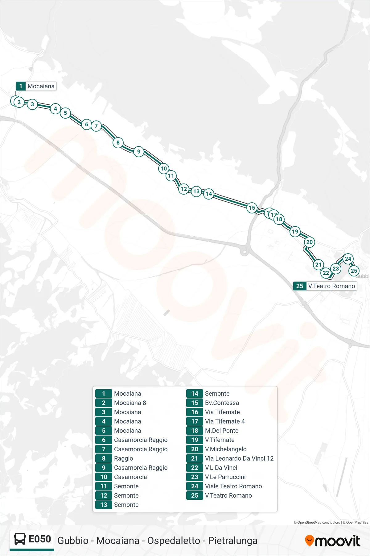 Linea E050 bus (Mocaiana→V.Teatro Romano) - Percorsi e fermate sulla mappa