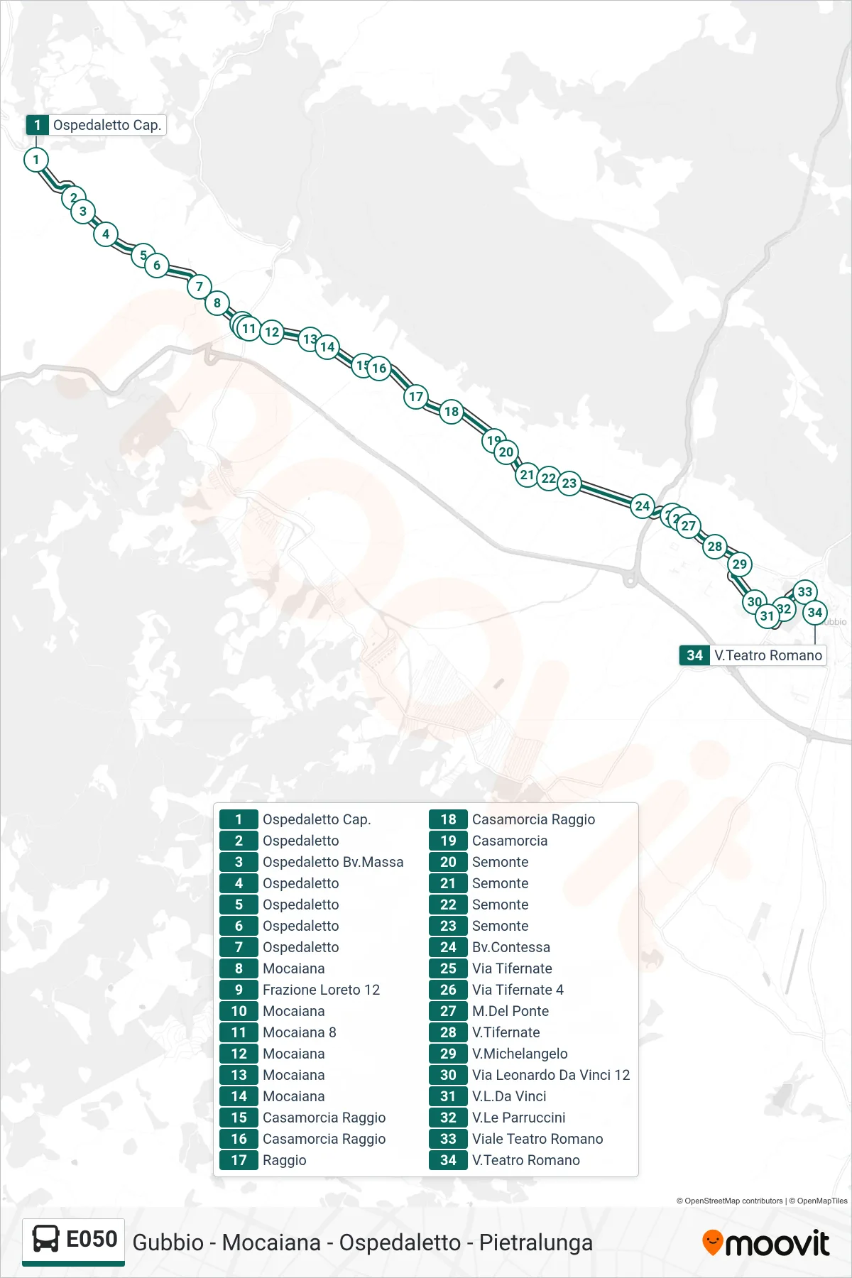 Linea E050 bus (Ospedaletto Cap.→V.Teatro Romano) - Percorsi e fermate sulla mappa