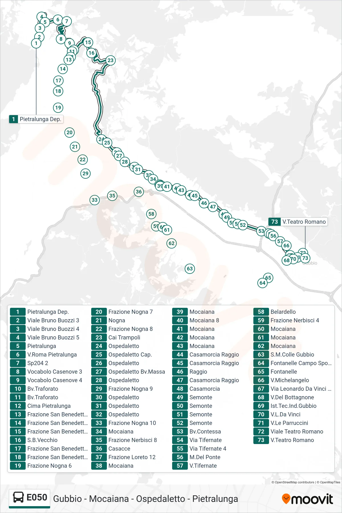Linea E050  bus (Pietralunga Dep.‎→V.Teatro Romano) - Percorsi e fermate sulla mappa