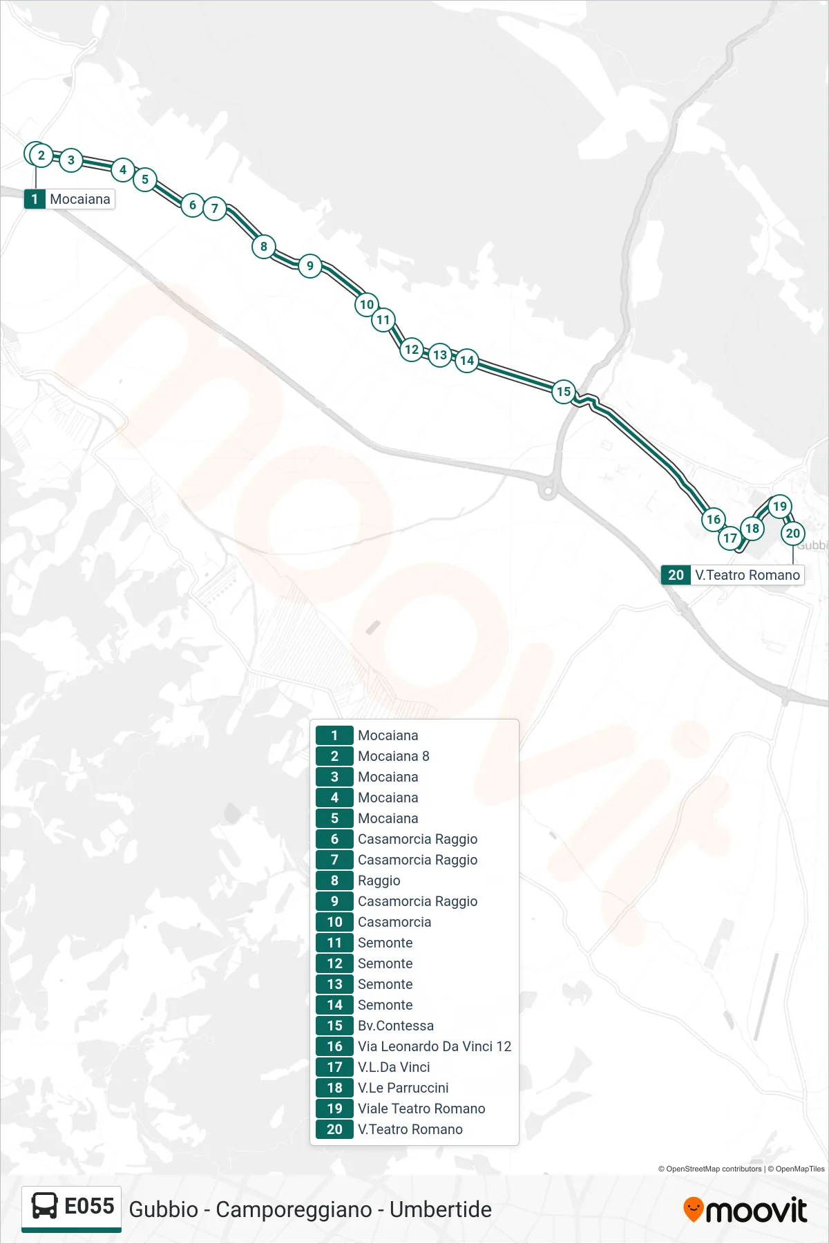 Linea E055 bus (Mocaiana→V.Teatro Romano) - Percorsi e fermate sulla mappa