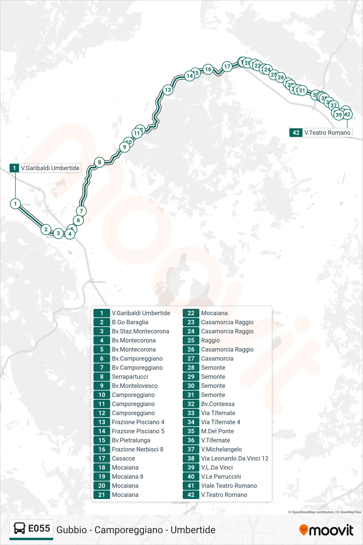 Linea E055 bus (V.Garibaldi Umbertide→V.Teatro Romano) - Percorsi e fermate sulla mappa