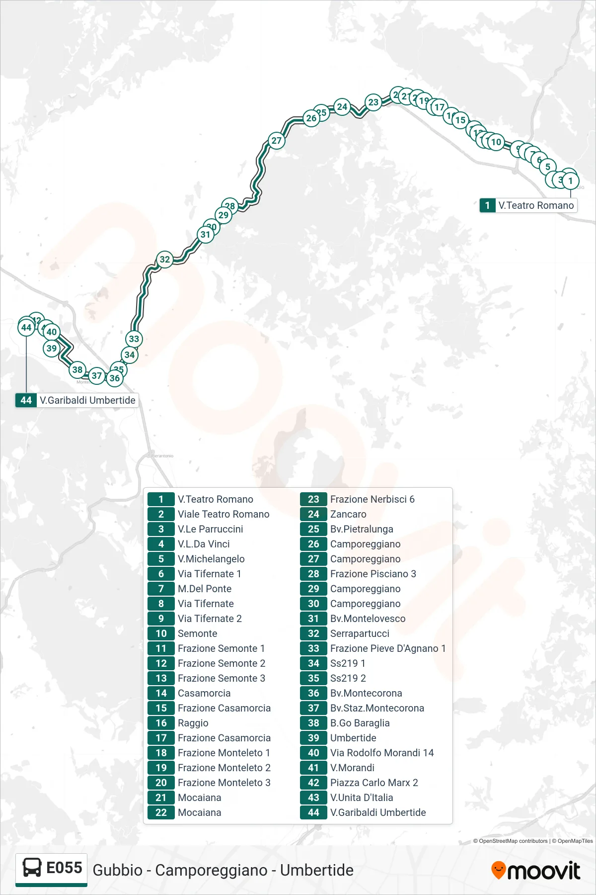 Linea E055  bus (V.Teatro Romano‎→V.Garibaldi Umbertide) - Percorsi e fermate sulla mappa
