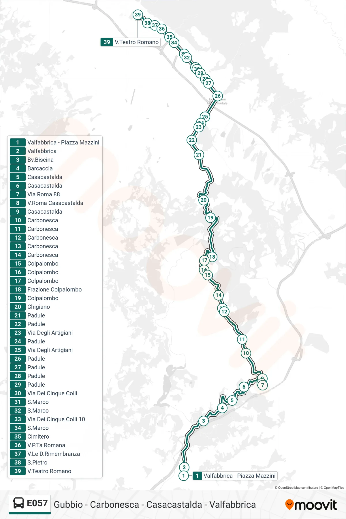 Linea E057  bus (Valfabbrica - Piazza Mazzini‎→V.Teatro Romano) - Percorsi e fermate sulla mappa