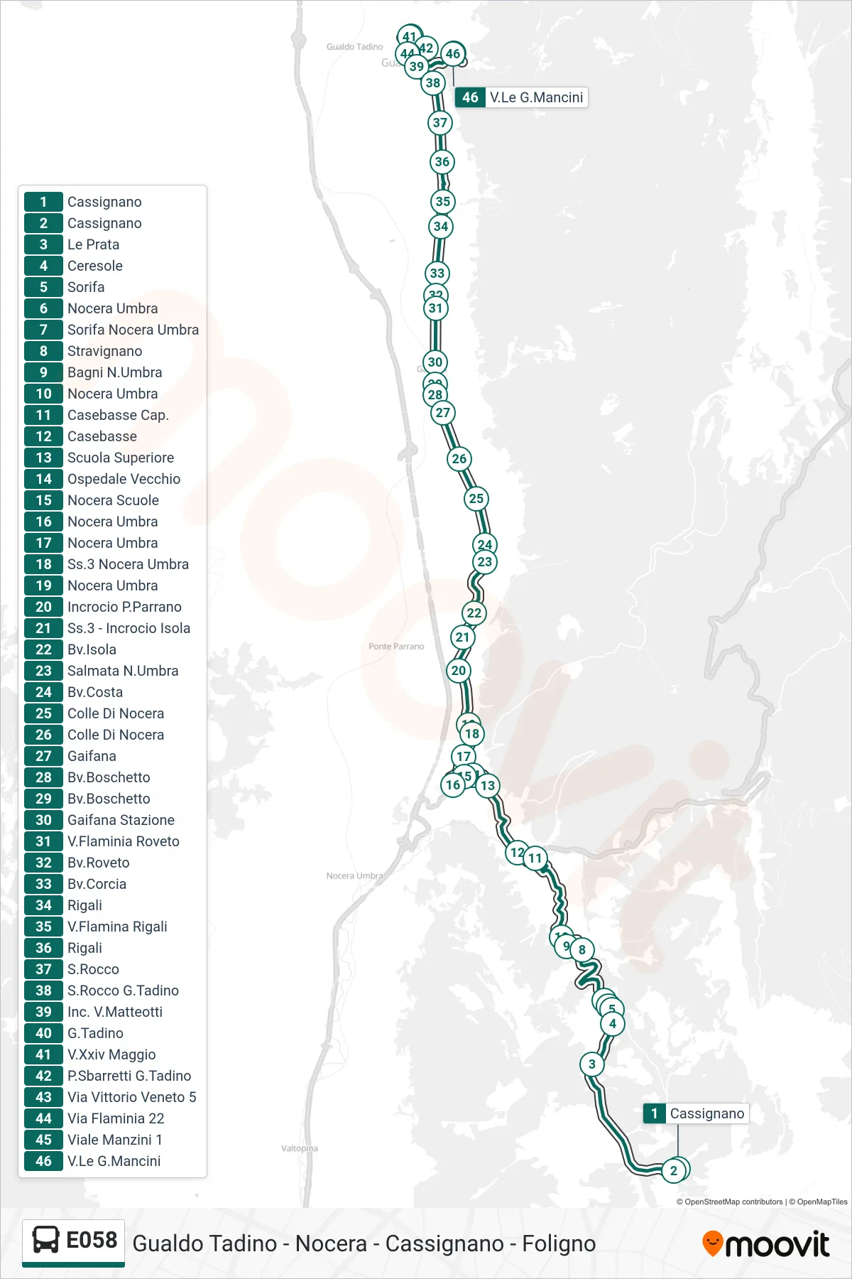E058 bus Line (Cassignano→Via G.Mancini) route and stops on a map