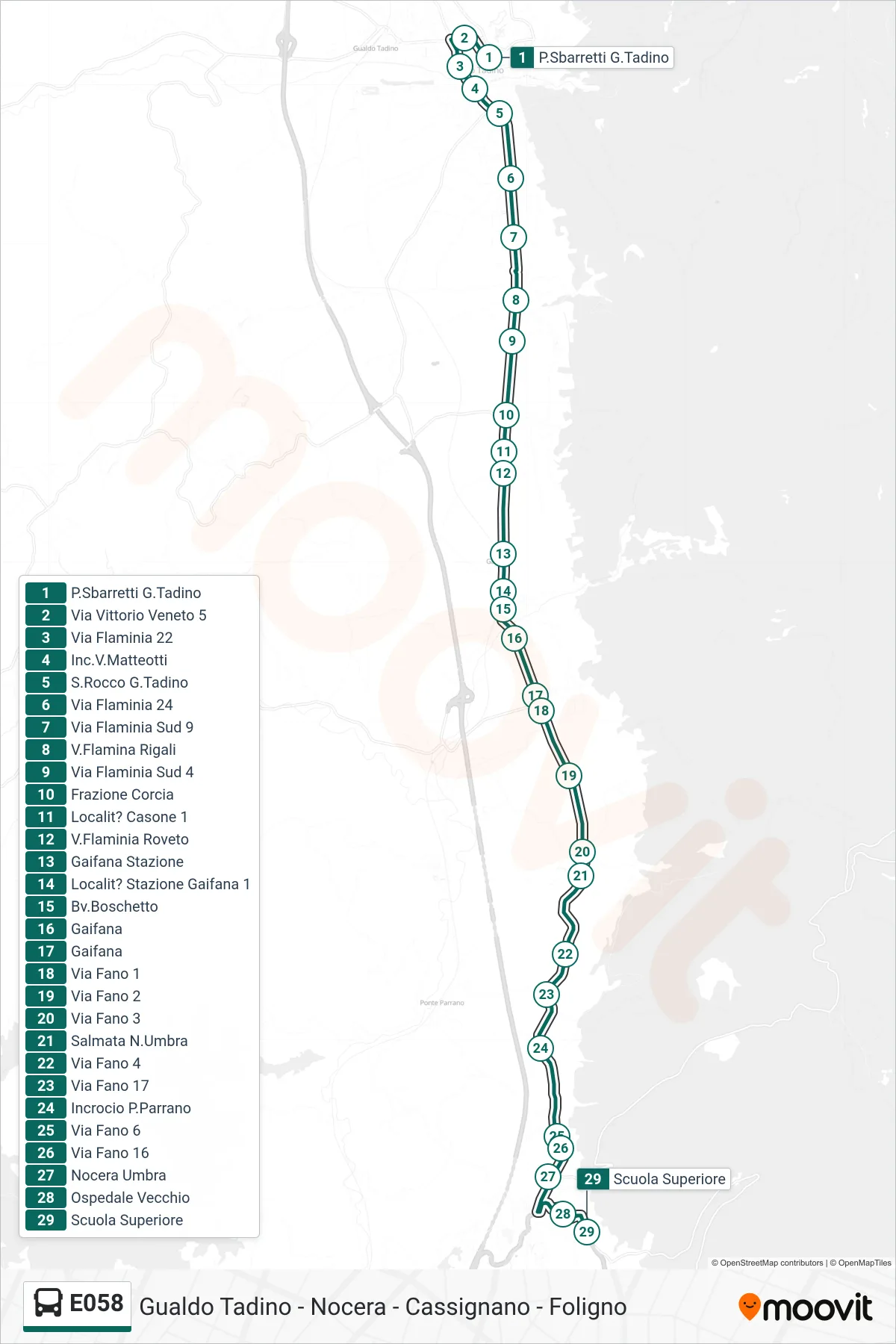 Linea E058  bus (P.Sbarretti G.Tadino‎→Scuola Superiore) - Percorsi e fermate sulla mappa