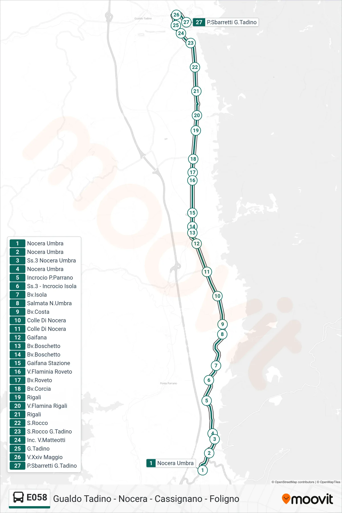 Linea E058  bus (Nocera Umbra‎→P.Sbarretti G.Tadino) - Percorsi e fermate sulla mappa