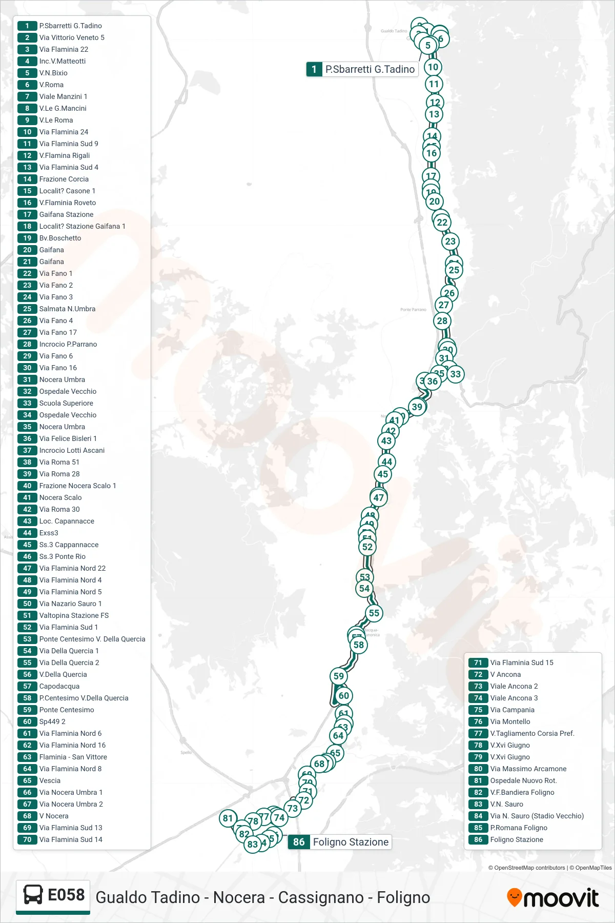 Linea E058  bus (P.Sbarretti G.Tadino‎→Foligno Stazione) - Percorsi e fermate sulla mappa