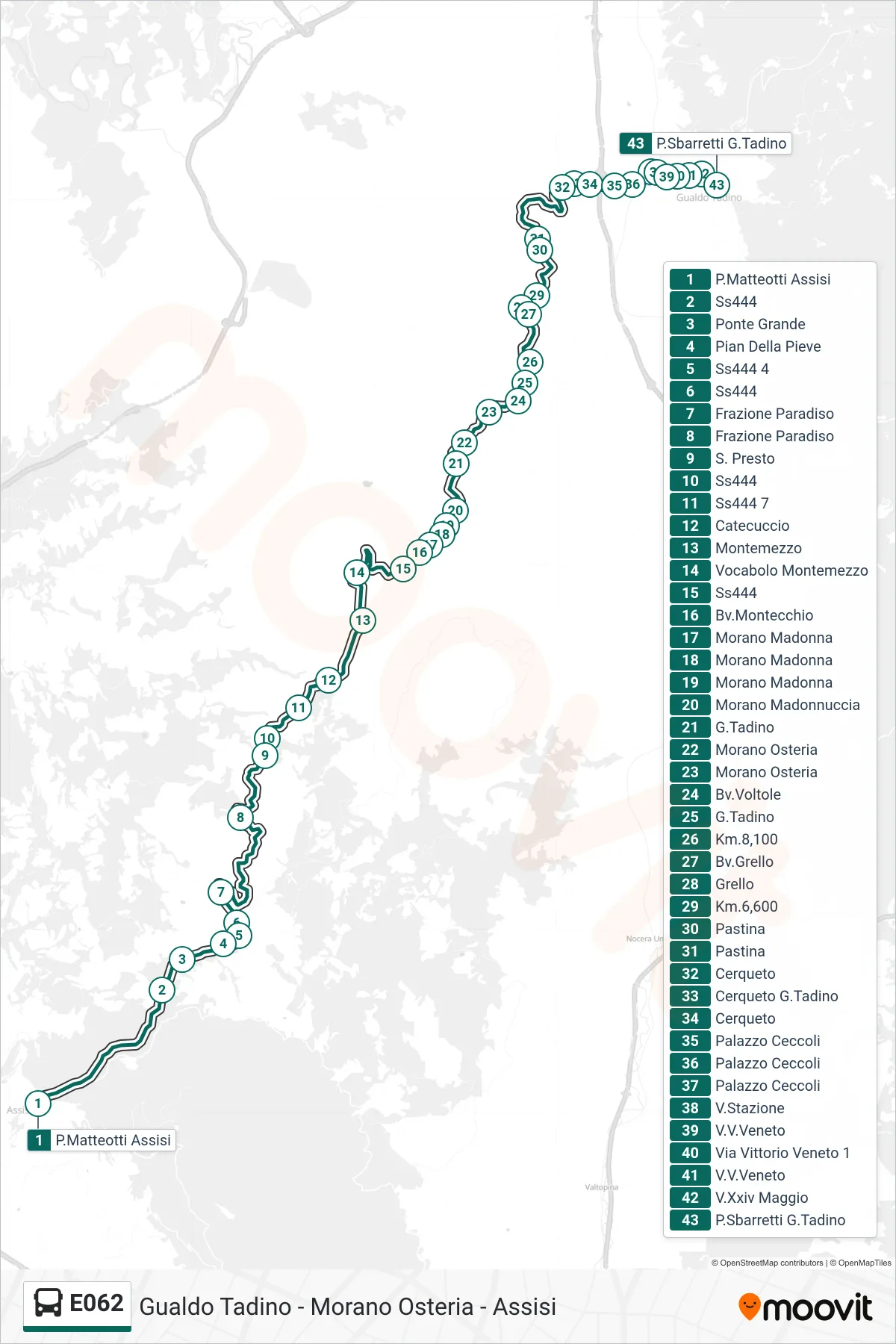 Linea E062 bus (P.Matteotti Assisi→P.Sbarretti G.Tadino) - Percorsi e fermate sulla mappa