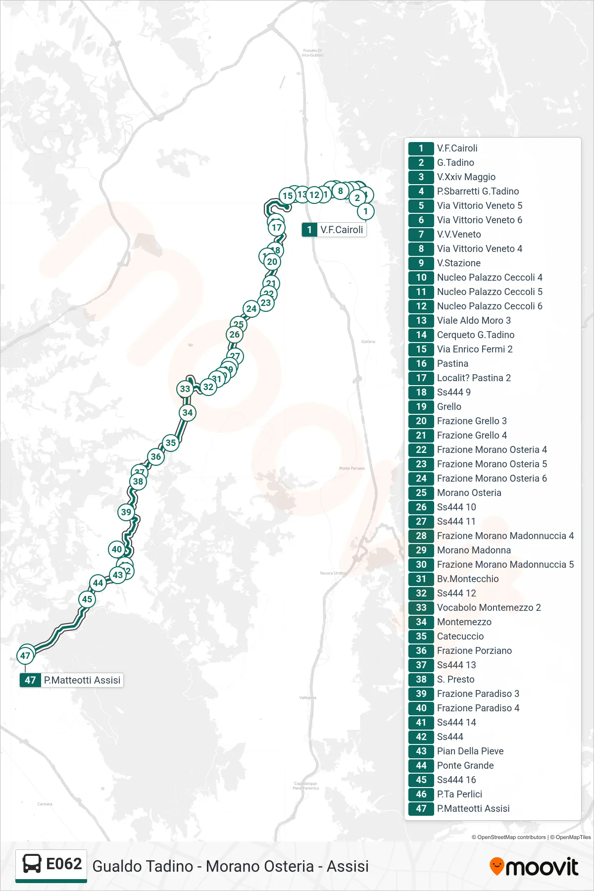 Linea E062  bus (V.F.Cairoli‎→P.Matteotti Assisi) - Percorsi e fermate sulla mappa