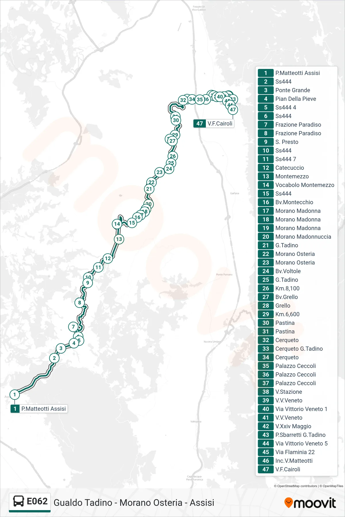 Linea E062 bus (P.Matteotti Assisi→V.F.Cairoli) - Percorsi e fermate sulla mappa