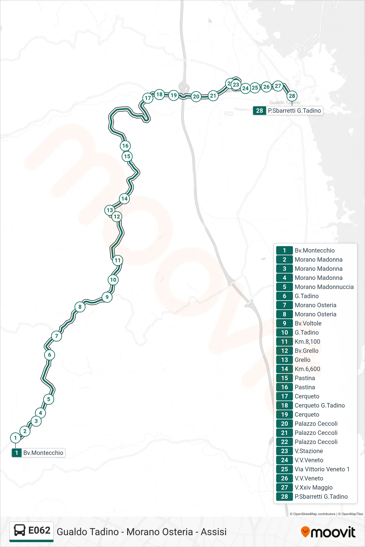 Linea E062 bus (Bv.Montecchio→P.Sbarretti G.Tadino) - Percorsi e fermate sulla mappa