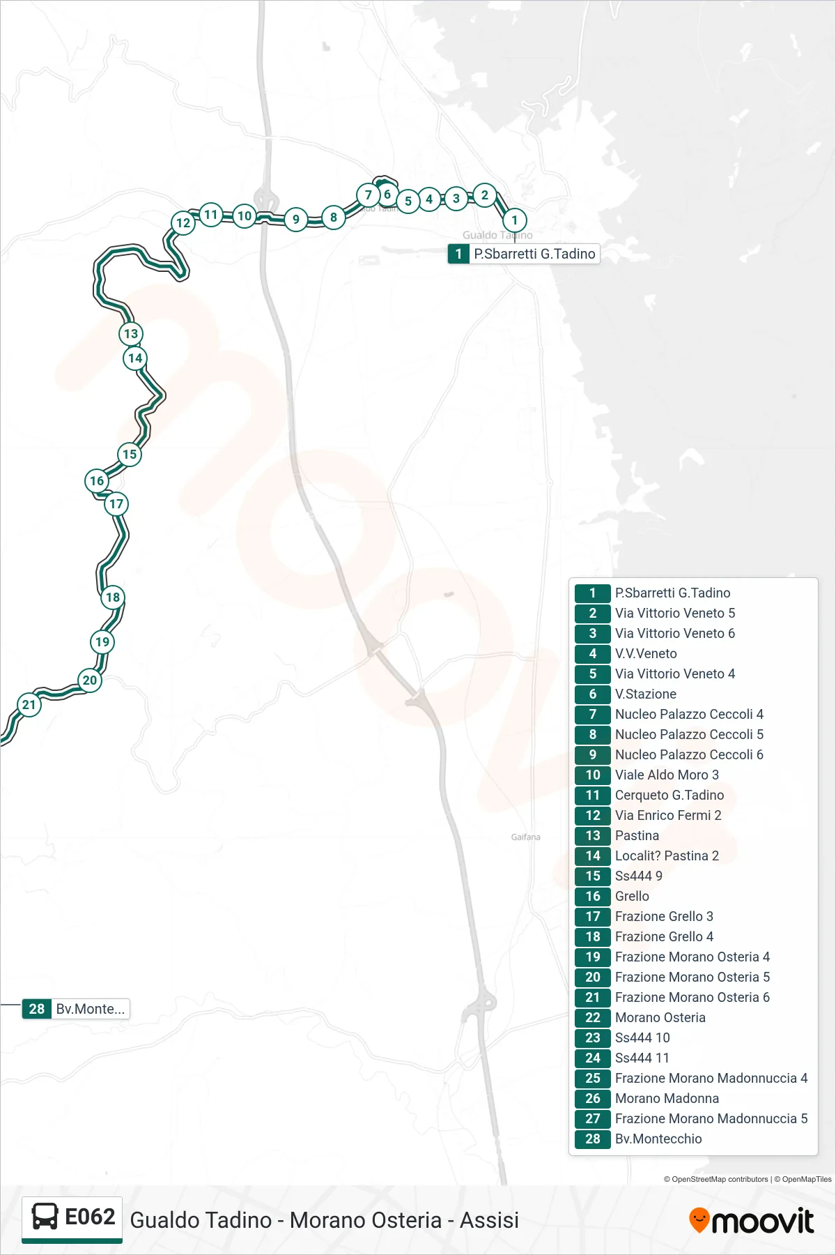 Linea E062 bus (P.Sbarretti G.Tadino→Bv.Montecchio) - Percorsi e fermate sulla mappa