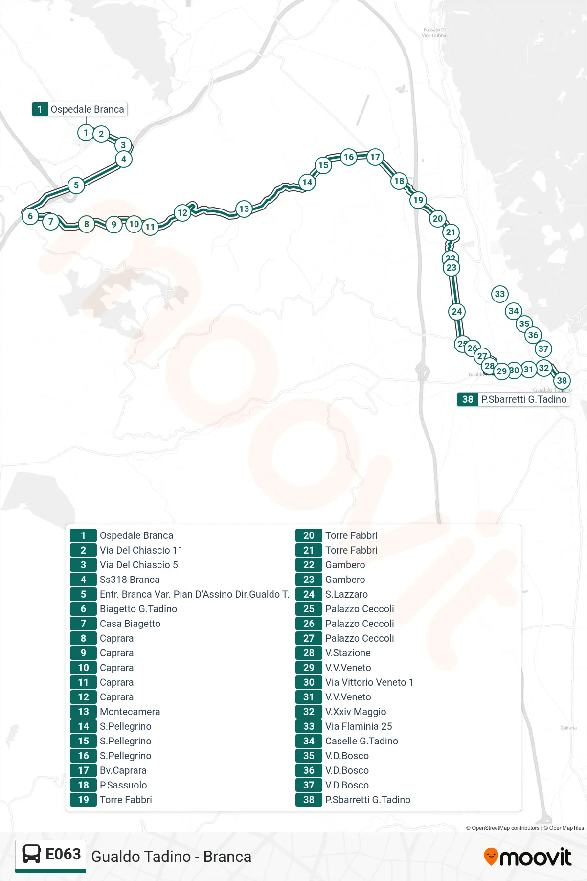 Linea E063  bus (Ospedale Branca‎→P.Sbarretti G.Tadino) - Percorsi e fermate sulla mappa