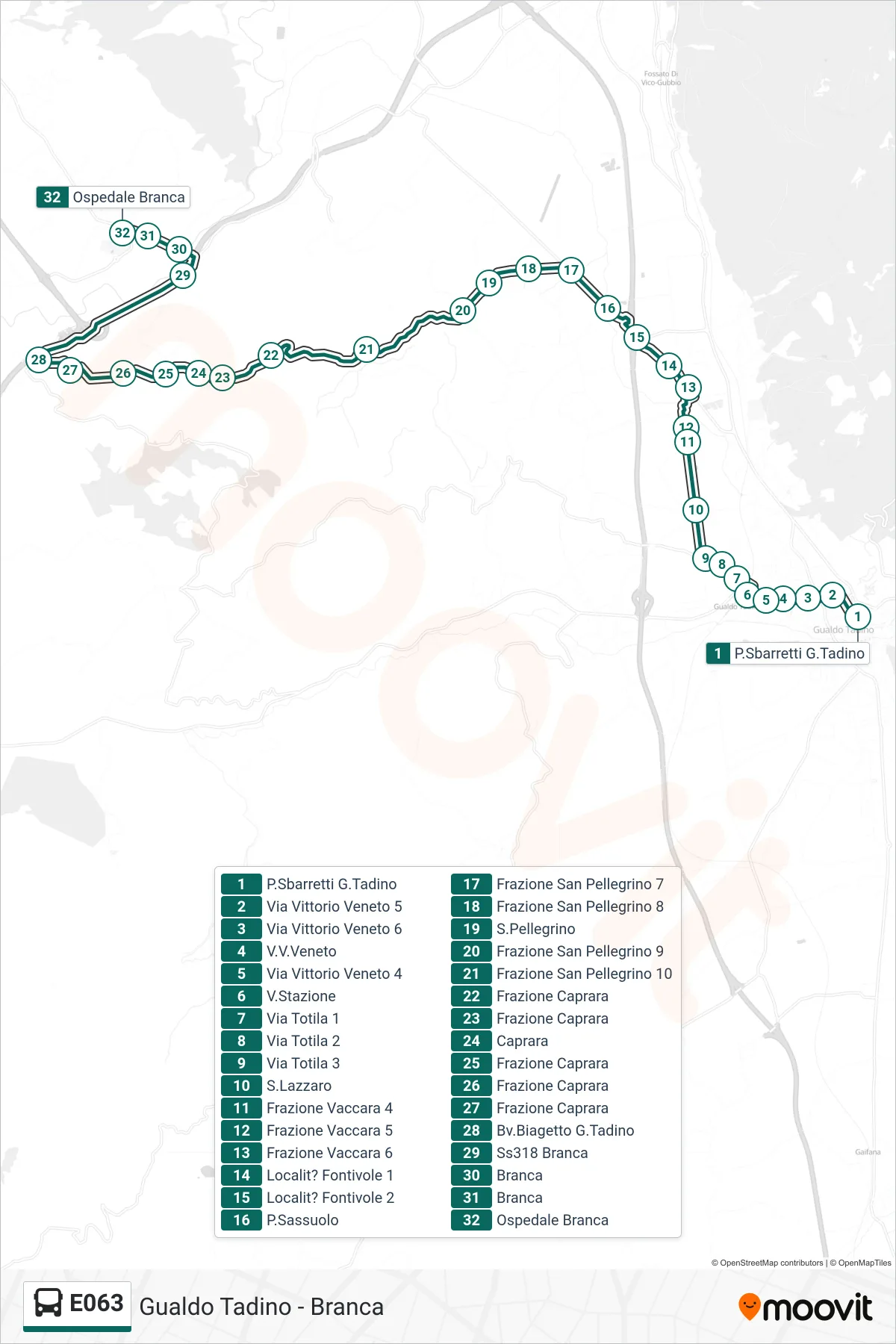 E063 bus Line (P.Sbarretti G.Tadino→Branca Hospital) route and stops on a map