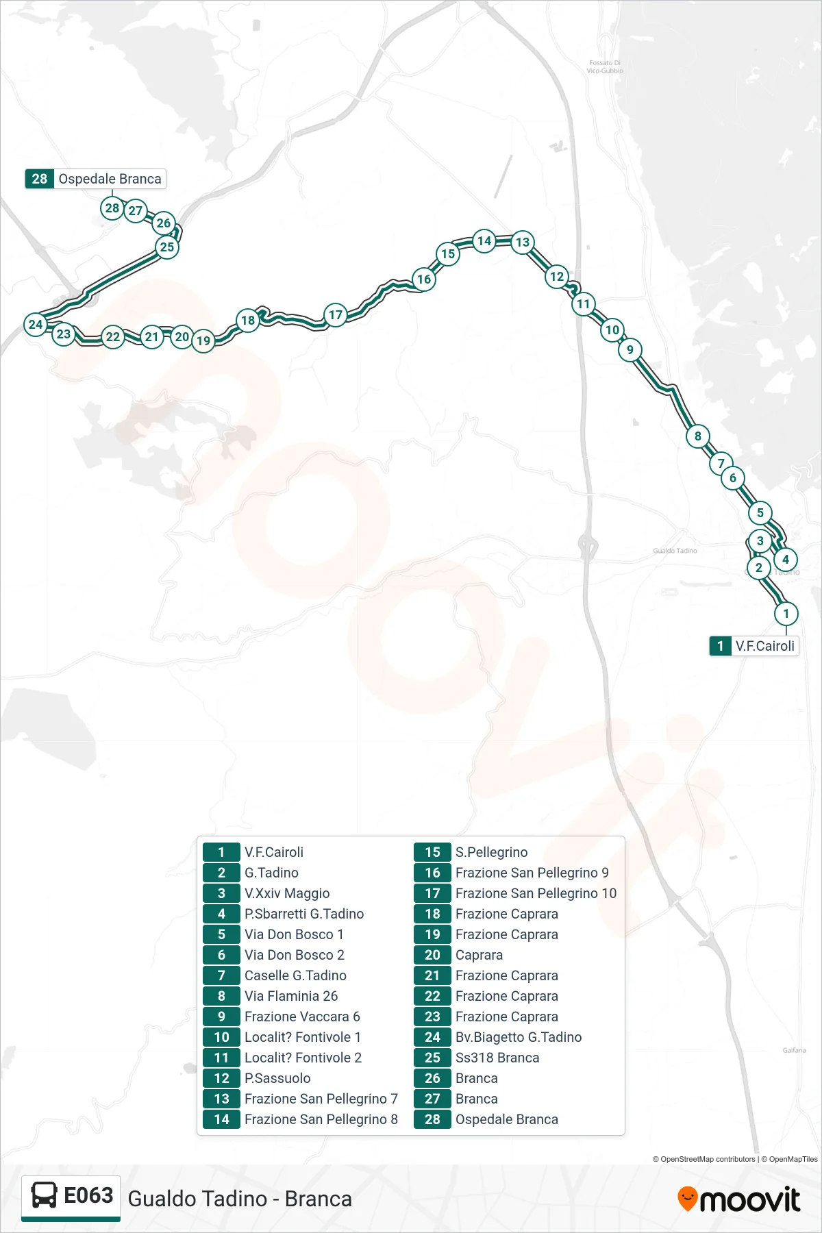 Linea E063 bus (V.F.Cairoli→Ospedale Branca) - Percorsi e fermate sulla mappa