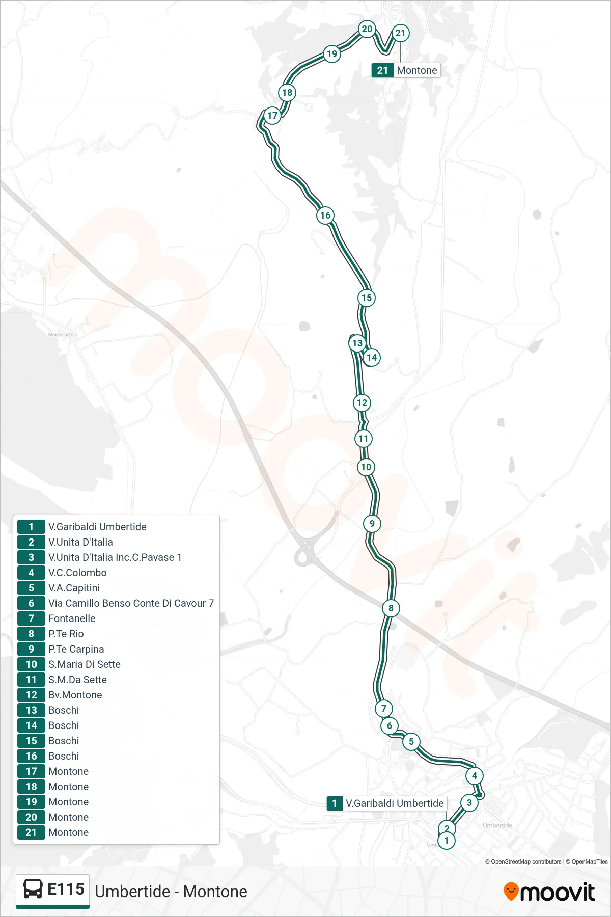 Linea E115 bus (V.Garibaldi Umbertide→Montone) - Percorsi e fermate sulla mappa