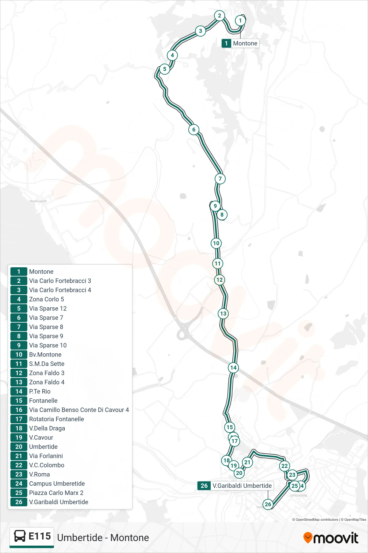 Linea E115 bus (Montone→V.Garibaldi Umbertide) - Percorsi e fermate sulla mappa