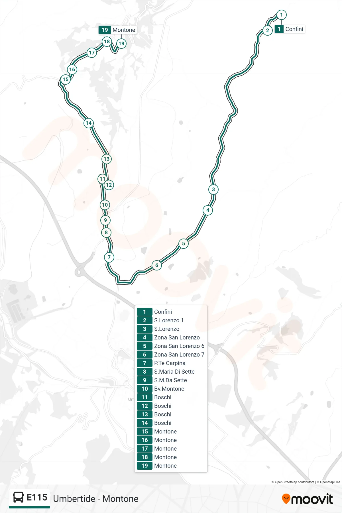Linea E115 bus (Confini→Montone) - Percorsi e fermate sulla mappa