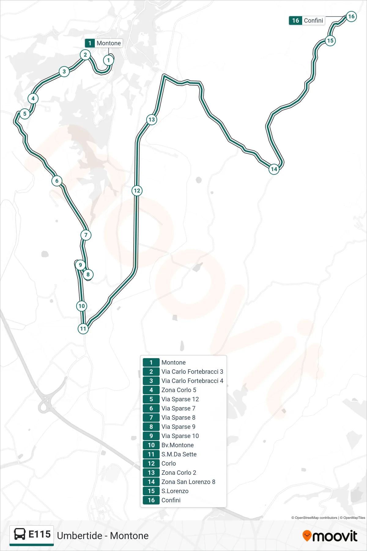 Linea E115  bus (Montone‎→Confini) - Percorsi e fermate sulla mappa