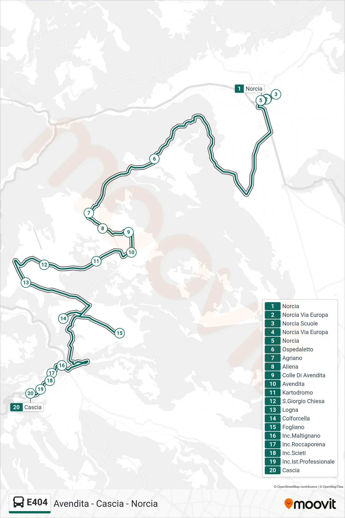 Linea E404  bus (Norcia‎→Cascia) - Percorsi e fermate sulla mappa