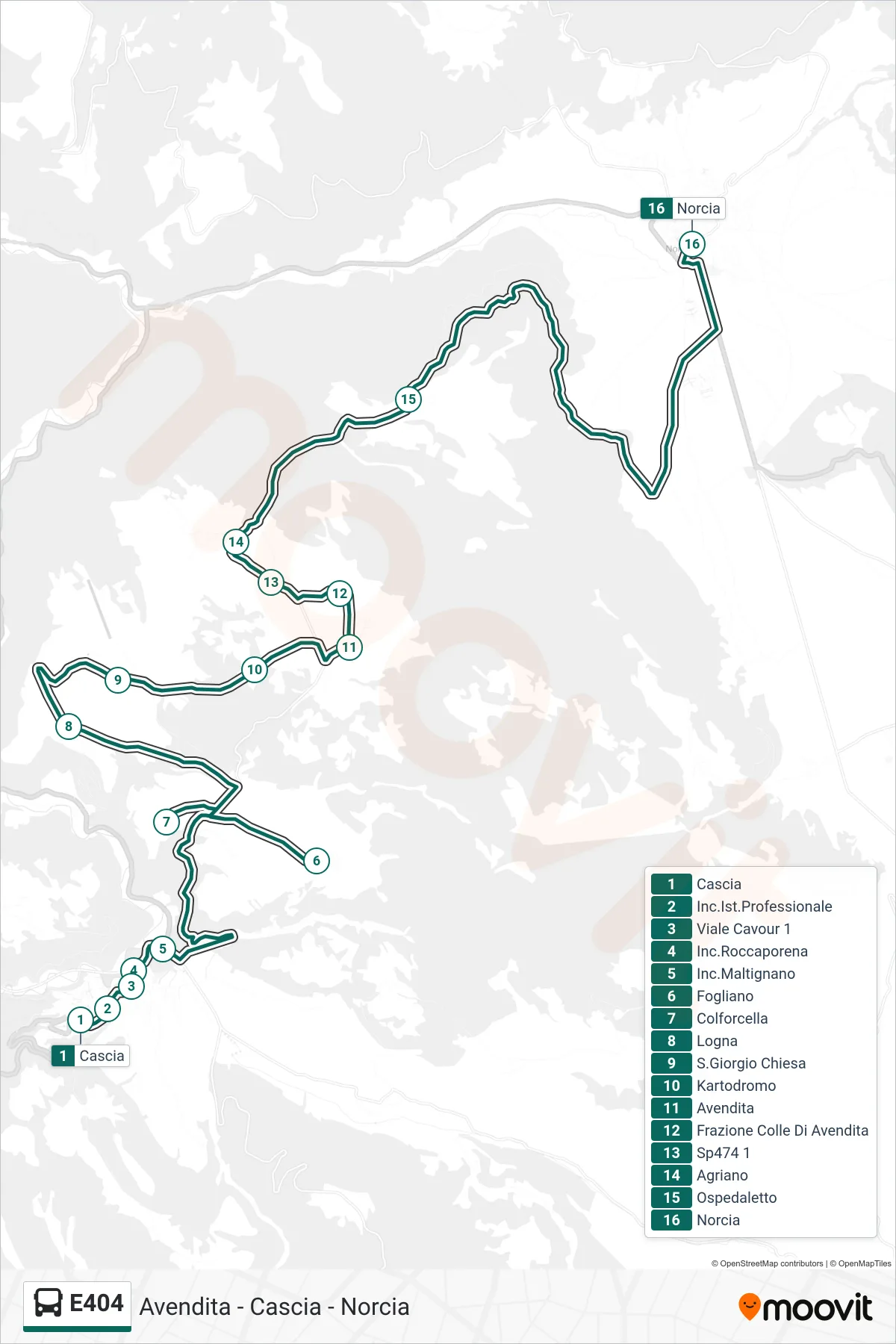 Linea E404 bus (Cascia→Norcia) - Percorsi e fermate sulla mappa
