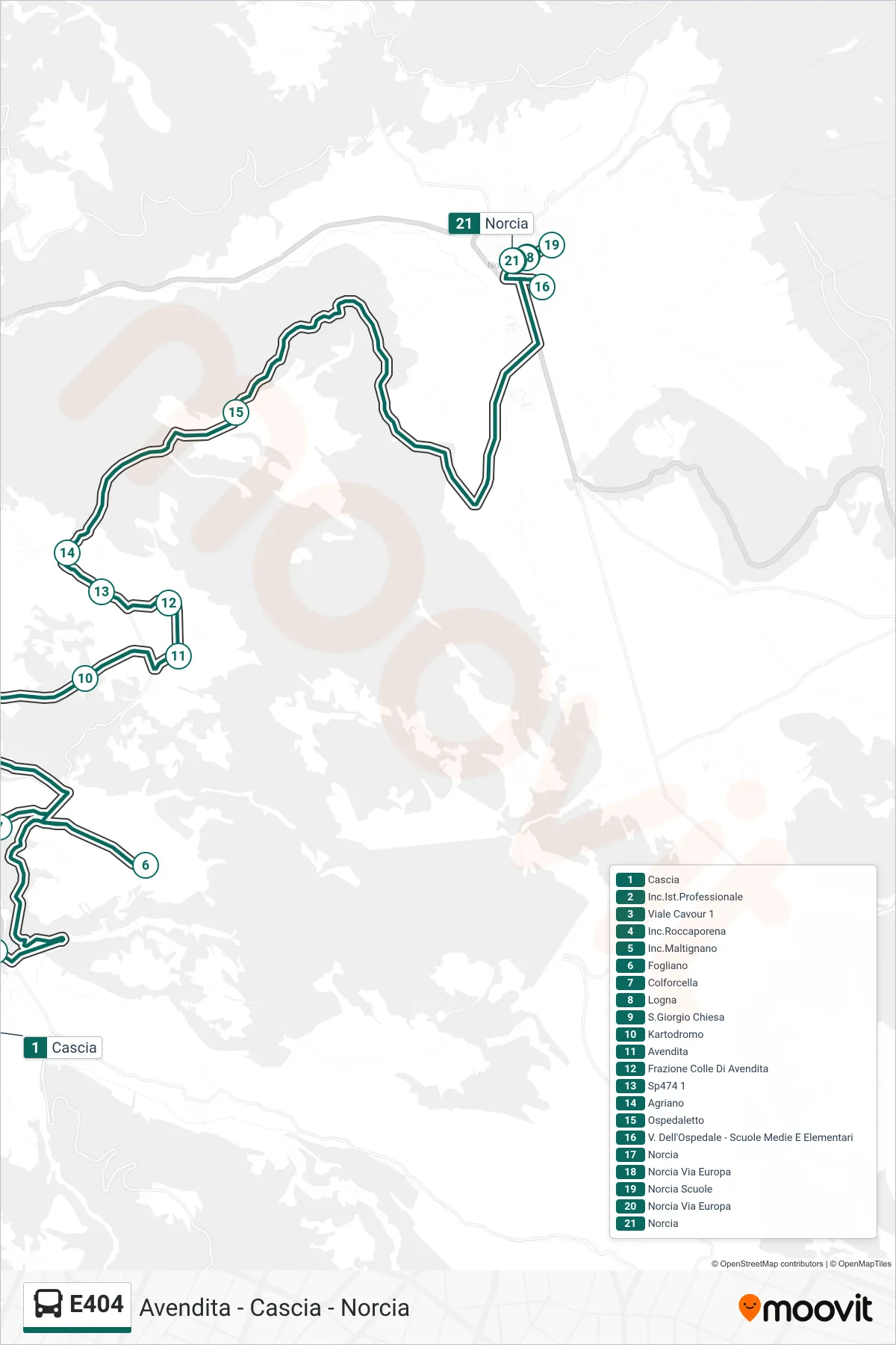 Linea E404 bus (Cascia→Norcia) - Percorsi e fermate sulla mappa