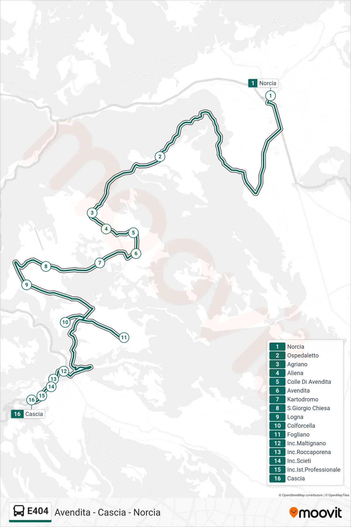 E404 bus Line (Norcia→Cascia) route and stops on a map