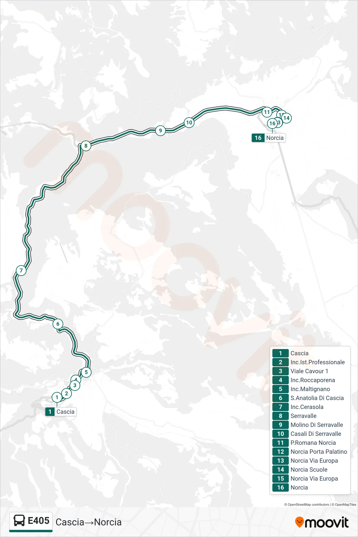Linea E405  bus (Cascia‎→Norcia) - Percorsi e fermate sulla mappa