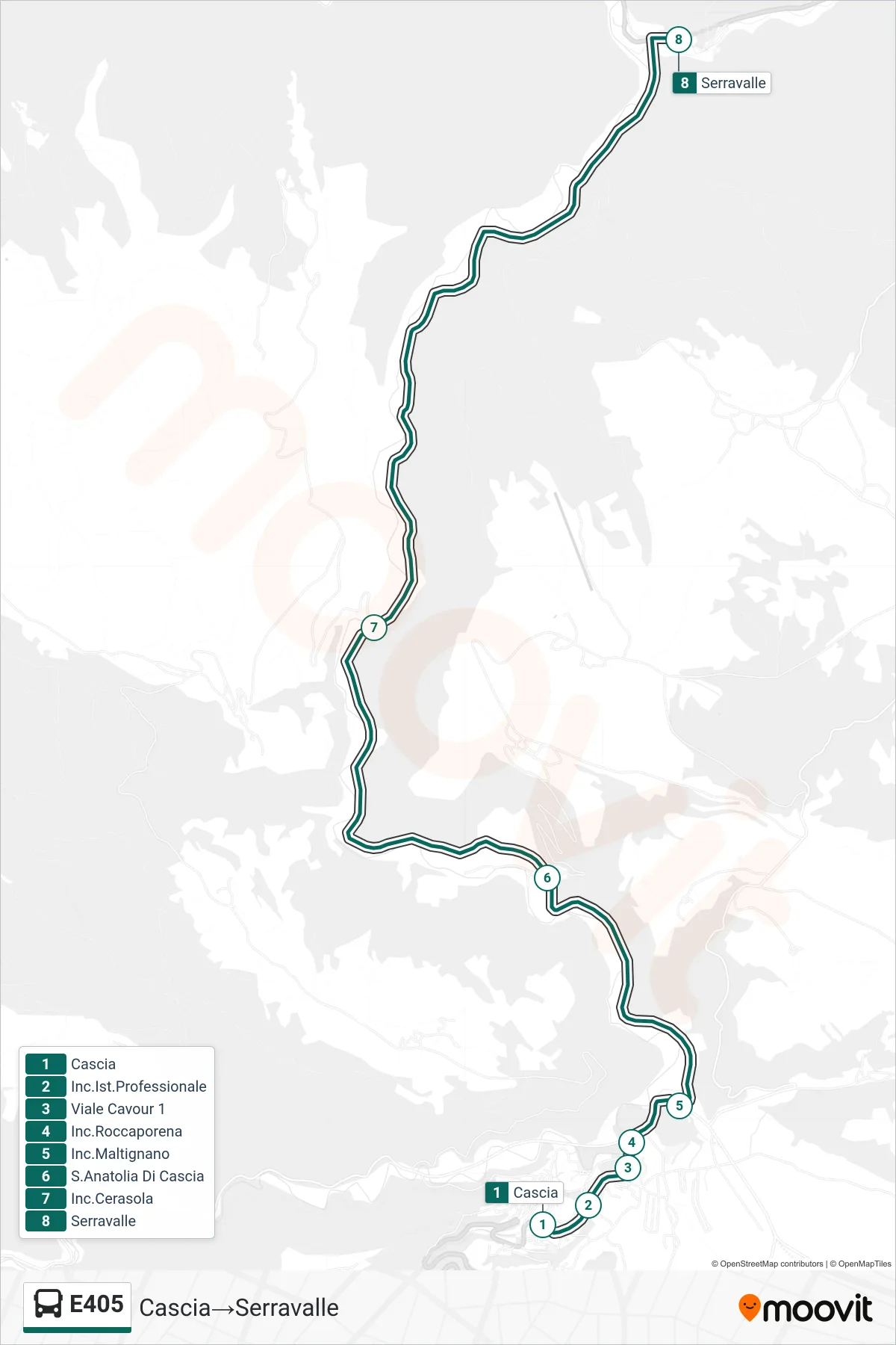 Linea E405  bus (Cascia‎→Serravalle) - Percorsi e fermate sulla mappa